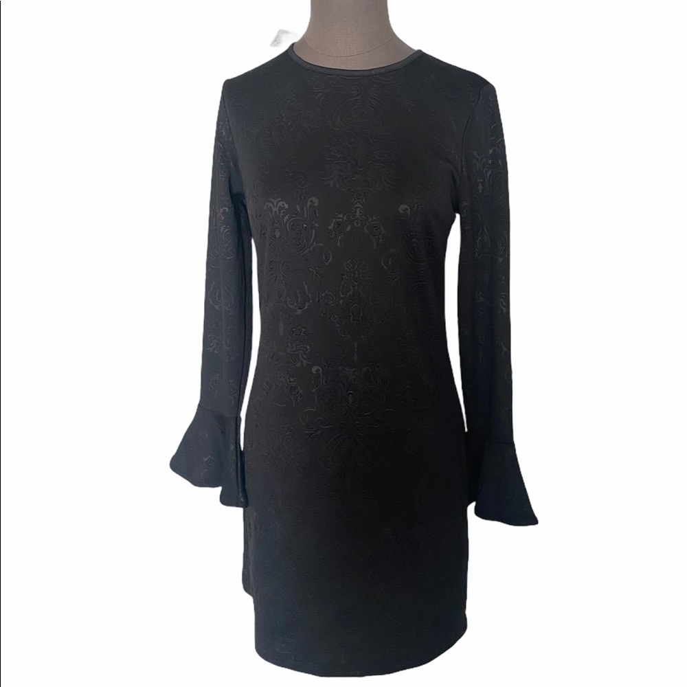 Libby Edelman Embossed Black Bell Sleeve Dress XS